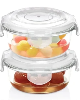 Round Glass Food Storage Container with Air Tight Lid | Microwave & Oven Safe, Set of 2 (400ml*2)