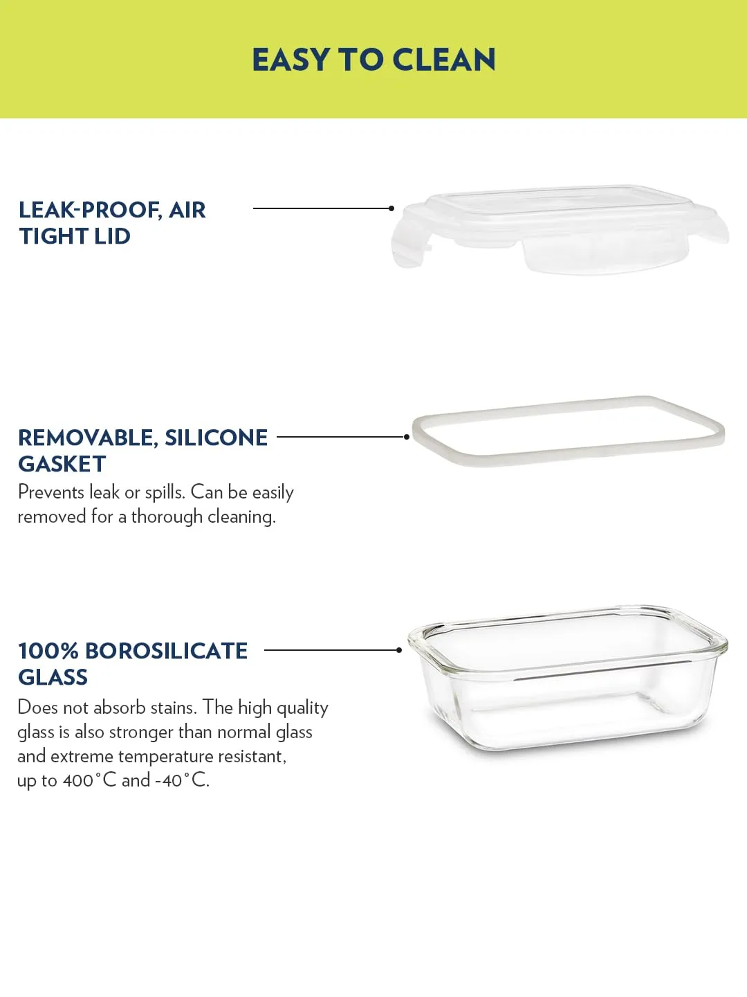 Rectangular Glass Food Storage Container with Air Tight Lid | Microwave & Oven Safe (370ml) - Image 3